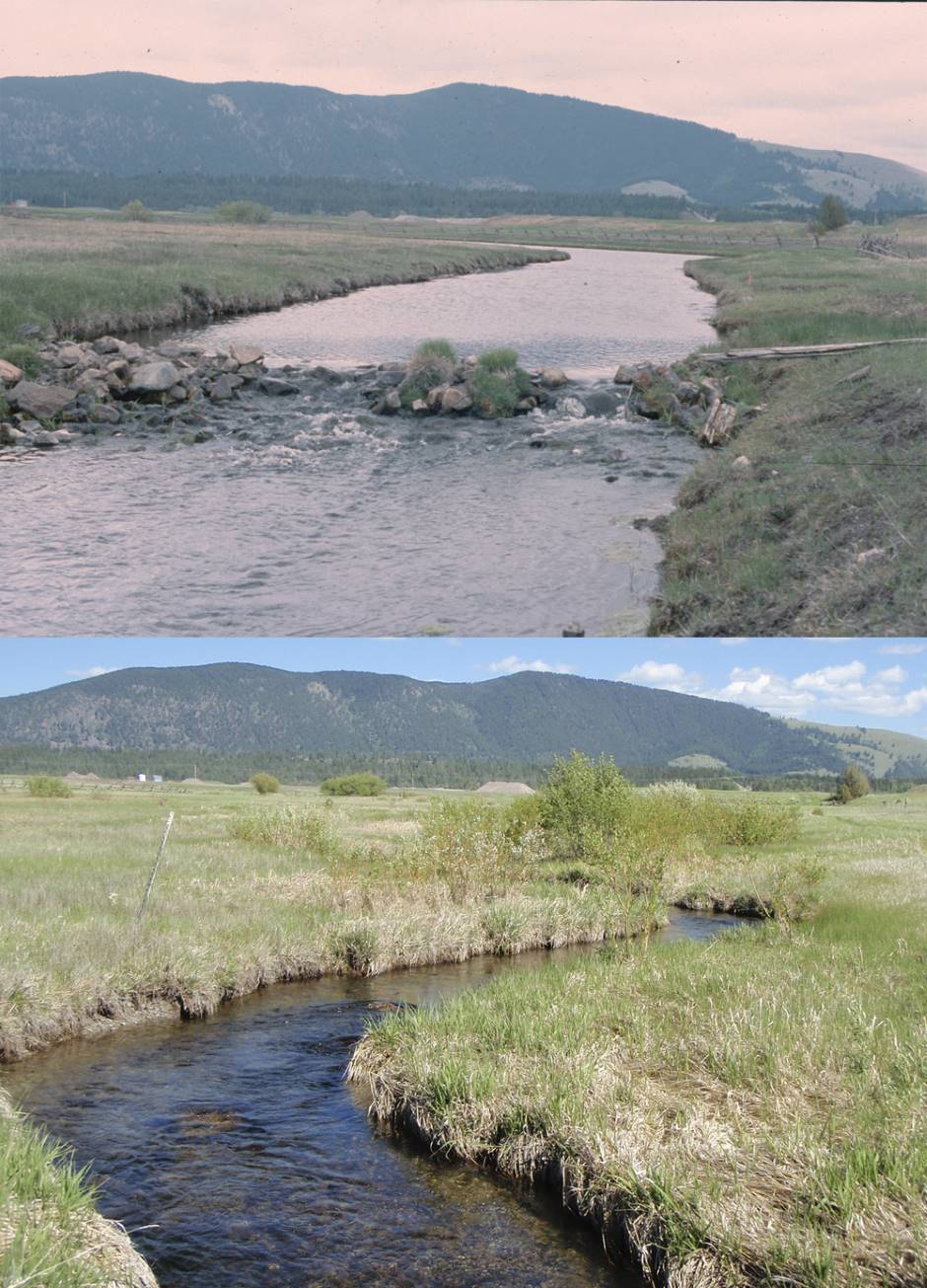 Photos of the same point on Kleinschmidt Creek from 2001, top, and 2014, bottom, show the new narrower, winding channel. (Courtesy Ron Pierce)