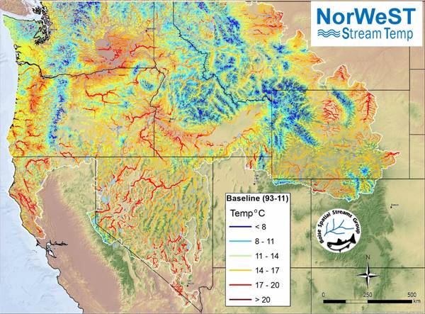 Northwest United States temperature and climate map developed from data at more than 16,000 sites that was used to highlight climate refugia for mountain stream species. (Credit: Dan Isaak / U.S. Forest Service)