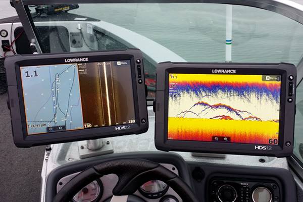 Two Lowrance HDS 12 Gen 2 units mounted at the driver’s console with contour map and two sonar displays. (Credit: Travis Hartman)